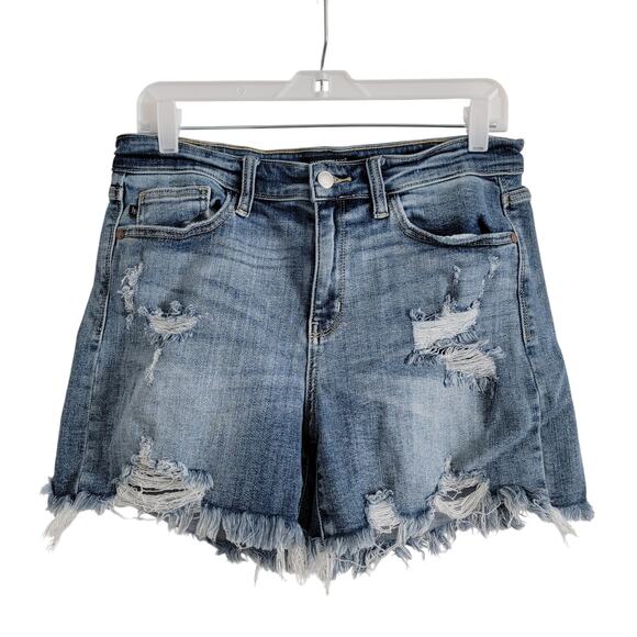 Judy Blue Mid Rise Mid Length Stretchy Distressed Denim Cutoff Shorts Large - Picture 2 of 5